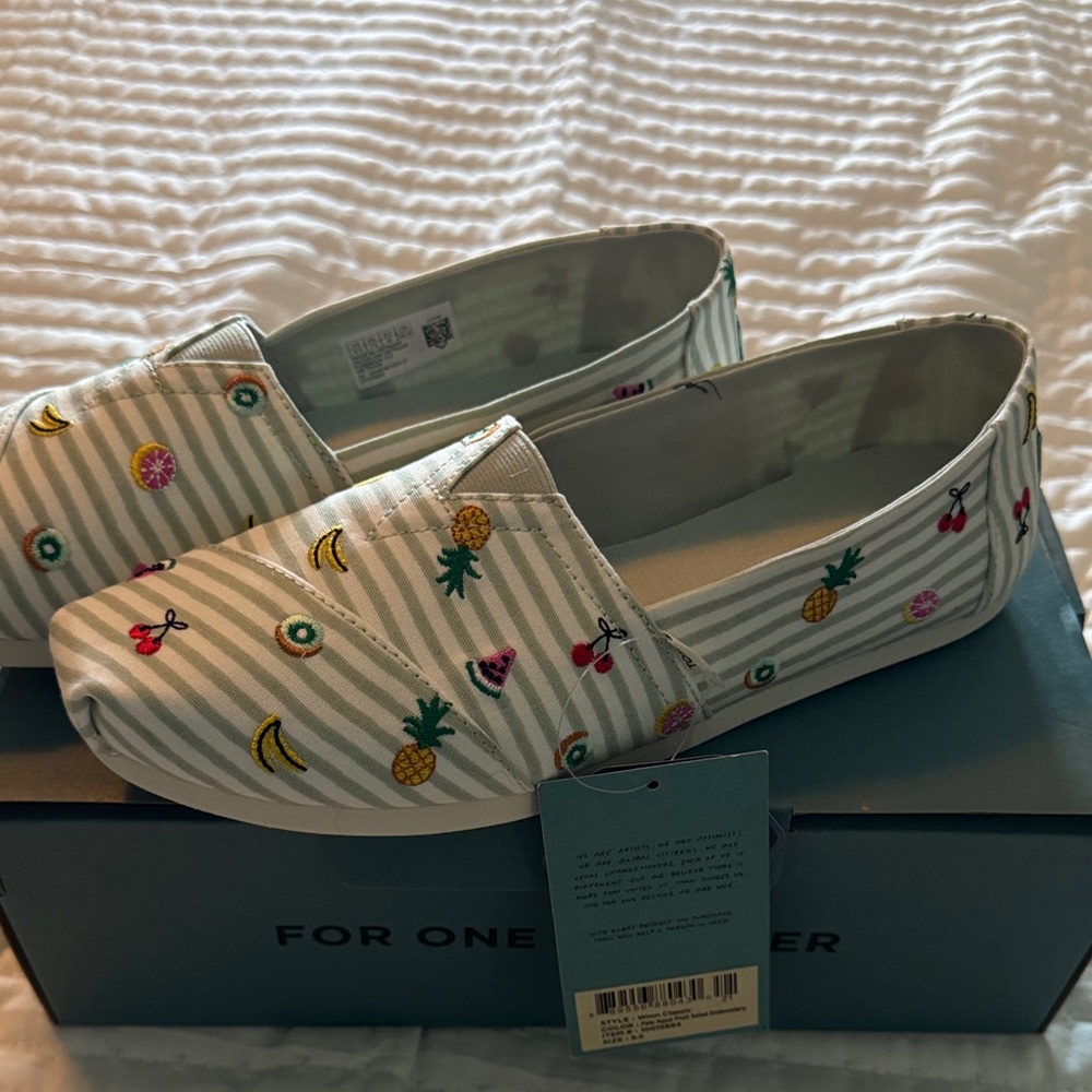 TOMS Pale Aqua Slip-On Shoes with Fruit Salad Embroidery